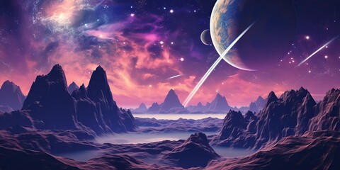 Wall Mural - AI Generated. AI Generative. Pink purple abstract galaxy space planet landscape background with mountains. Future adventure inspirational concept