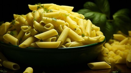 Yellow penne pasta on green texture, generative ai