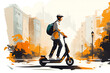 Jeune homme faisant de la trottinette électrique en ville - concept d'illustration de mobilité douce, verte et écologique - IA générative