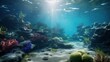 Beautiful underwater seascape, ocean floor, corals and sponges, view from the bottom.