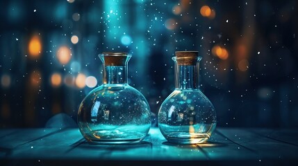 two transparent chemical laboratory glassware with fantasy background