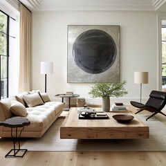 Rustic wood coffee table between beige tufted sofa and black leather chair against wall with poster frame. Scandinavian minimalist home interior design of modern living room.