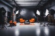 Interior of modern photo studio with orange armchairs and lighting equipment, Interior of modern photo studio with professional equipment, AI Generated