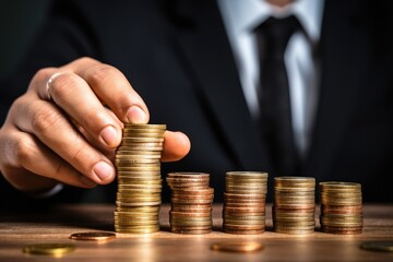 Canvas Print - Businessman hand putting coin to money, business ideas and finance concept, Investment concept, Coins stacked on each other in different positions, with hand of businessman, AI Generated