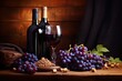 Bottle and glass of red wine, grapes and nuts on wooden background, Juicy blue grapes and bottles of red wine on a brown background, AI Generated