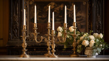 A Grandiose Candlestick Trio Displayed On An Antique Mantelpiece, Contributing To The Vintage Elegance Of A Classic Interior