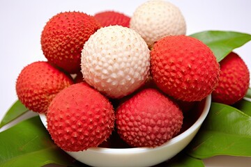 Poster - Fresh lychee fruit on white background. Litchi chinensis, Juicy indulgence A tantalizing arrangement of litchi, AI Generated