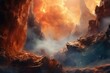 Hyper-detailed canyon with floating clouds, shimmering particles, and bokeh in ultra-wide angle - a cinematic abstract landscape. Generative AI