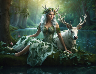 fairy tale princess with white deere, ai generated