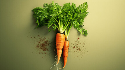 Wall Mural - Bunch of fresh carrots with leaves on green background, top view