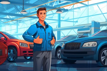 Poster - Engineer man motor car assembly shop. Metal vehicle. Generate AI