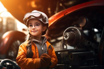 Poster - Engineer child girl car assembly shop. Vehicle repair. Generate AI