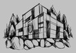 Architecture sketch of building, hand drawn architectectural sketch