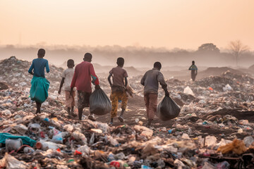 group of homeless african children back view collecting garbage in landfill