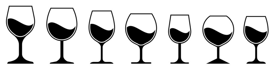 Wall Mural - Wine glass icon with wine. Set of various wine glasses. Black silhouettes