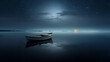 A lone boat drifts across a still lake, the moonlight glimmering on its rippling surface