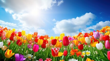 Wall Mural - A lot of colorful tulips over the blue sky with clouds, nature and landscape concept