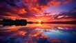 Vibrant sunset over a serene lake, with colorful reflections shimmering on the water 
