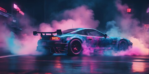 Wall Mural - Drifting Sport Cars On Dark Background With Smoke. Supercar In The Smoke. Supercar In Motion. Digital AI