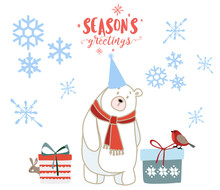 Merry Christmas, New Year, Winter Illustration With White Bears , Bird.  Christmas Tree Balls, Snowflakes, Gift Boxes, Funny Animals.