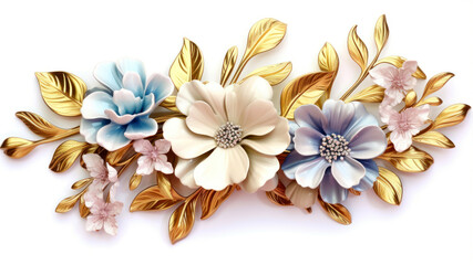 Poster - 3d illustration of flowers in gold and blue colors on white background