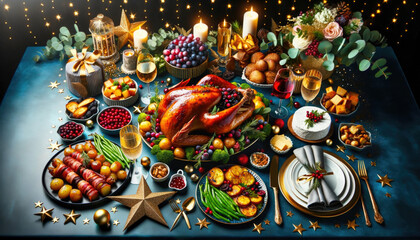 Wall Mural - Festive feast: roast turkey, vegetables dishes,cheese board and sauces.Concept of Christmas or New Year dinner.