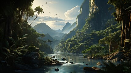 Wall Mural - amazon rainforest with tropical vegetation, a creek runs through a mysterious jungle, a mountain stream in a lush green valley
