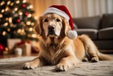 Fototapeta Zwierzęta - A playful golden retriever dog, adorned with a whimsical Santa hat, romps on a cozy sofa in the heart of a lovingly decorated living room