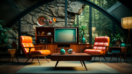 Poster - vintage interior with tv and chair