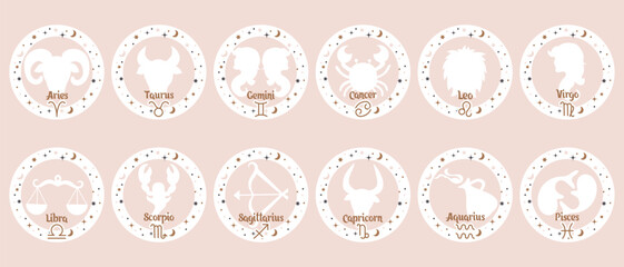 Wall Mural - Astrology zodiac signs set, mystical round icons. Esoteric symbols for logo or icons. Pastel colors, vector