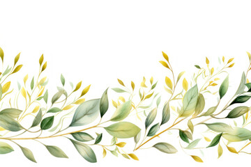 Wall Mural - Watercolor floral border. Hand painted branches and leaves on white background.