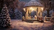 Snow-covered Gazebo Adorned With Twinkling Lights And A Glimpse Of Santa's Sleigh.