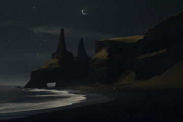 Wall Mural - a majestic black sand beach in iceland, with large ice chunks scattered across the shore, their tran