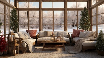 Sunroom with large windows showcasing a snowy landscape, decorated with Christmas wreaths and cozy blankets.