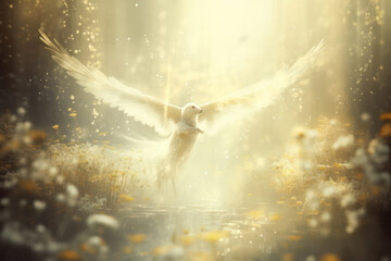 Wall Mural - a bumblebee hovering over a natural-colored blossom, its fuzzy body and translucent wings captured i