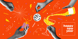 Fototapeta Młodzieżowe - Happy new year 2024 design. With hands holding disco ball, champagne and sparkler. Colorful collage style illustrations. Vector design for poster, banner, greeting and new year 2024 celebration.	