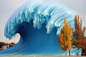 Wall Mural - a powerful wave crashes against a sturdy rock, illustrating the elemental encounter between water an
