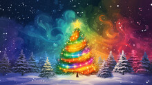 Christmas Tree In Rainbow Colors In Snowy Landscape. Generated With Ai.