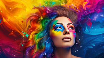 Wall Mural - Portrait of woman with colorful make-up surrounded by a rainbow color explosion, generated with ai