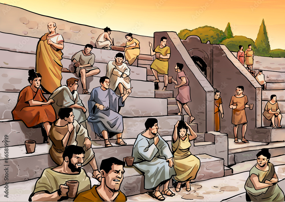People illustration in the stands of the Roman amphitheatre. Roman ...