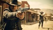 © NovaVision - Law's Aim: Sheriff in Gunpoint Standoff in Wild West Town. Generative ai