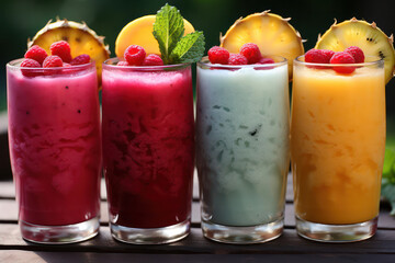 Wall Mural - A vibrant juice bar offering an assortment of freshly squeezed juices and colorful smoothies, made from a variety of fruits, vegetables, and superfoods, promoting a healthy and refreshing approach to