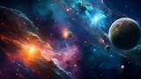 Fototapeta Kosmos - Panorama view universe space. Cosmic landscape, beautiful science fiction wallpaper with endless deep space.