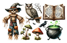 Halloween-themed Illustration With Scarecrow, Owl, Mystical Book, Crow, Mushrooms, And Bubbling Cauldron, Vivid And Enchanting Details Abound, Watercolor Clipart Set