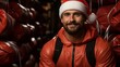 Sports Santa Claus, male bodybuilder in a festive red hat. Christmas and New Year holidays in the gym. Concept: Training and discounts on the eve of the holidays