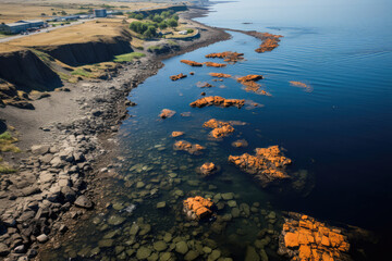 Wall Mural - Aerial shot of people swimming and snorkeling in the clear waters of the Danish coast beach, with colorful coral reefs and tropical fish visible beneath the surface, showcasing the beauty of underwate