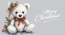 Watercolor Teddy Bear Sitting. Christmas Background. Cute Christmas Illustration For Greeting Cards. Place For Text.
