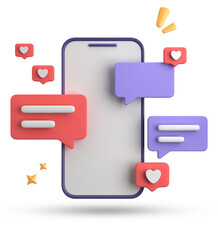 Fototapete - 3d rendering of spartphone and speech bubble, 3D pastel chat with symbol, icon set.