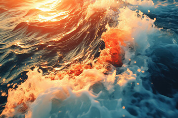Wall Mural - a bird's-eye view of waves gently caressing a sandy beach, with the sunlight casting a golden shimme