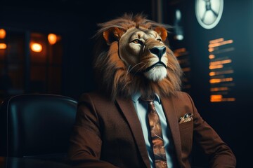 photo of a beautiful lion in a stylish business suit. global business growth analysis and asset investment chart Business and Finance Up arrow Holographic economic chart, global economic trend analysi